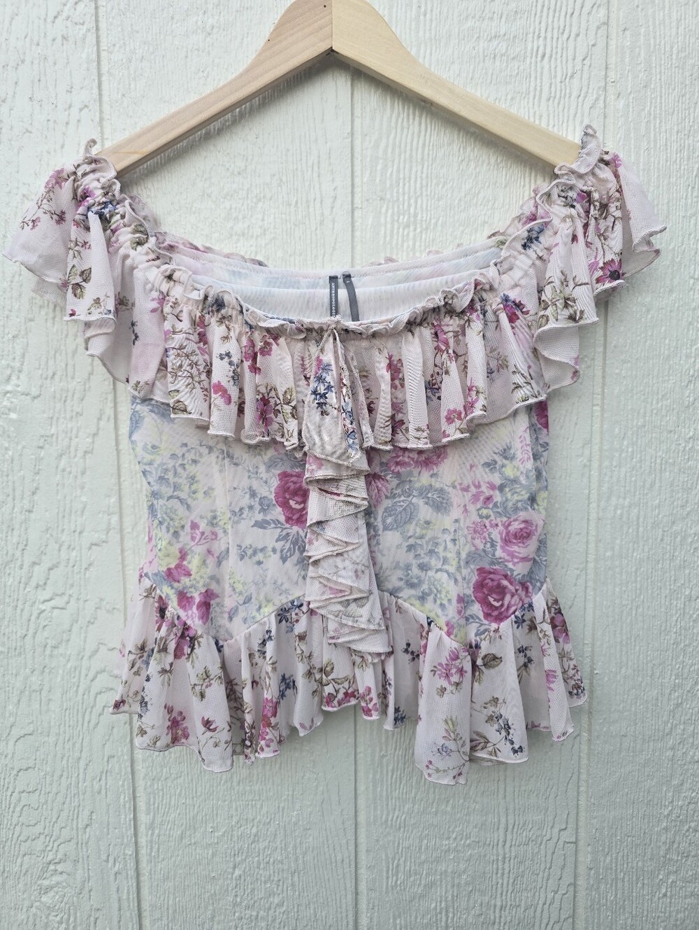 Anthropologie Off the Shoulder mesh ruffle top floral L